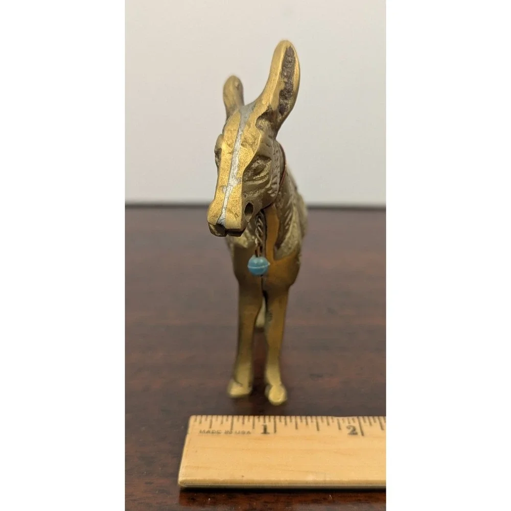 Vintage Brass Donkey Mule Figurine Engraved Saddle Turquoise Bead 5 Inch Decor